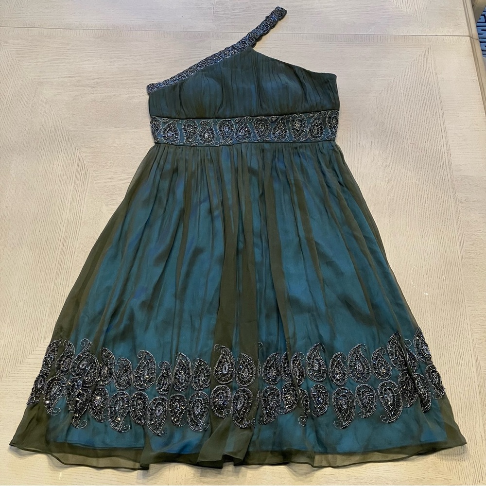 Night Way Olive 100% Silk Embroidered One Shoulder Dress with Turquoise Lining